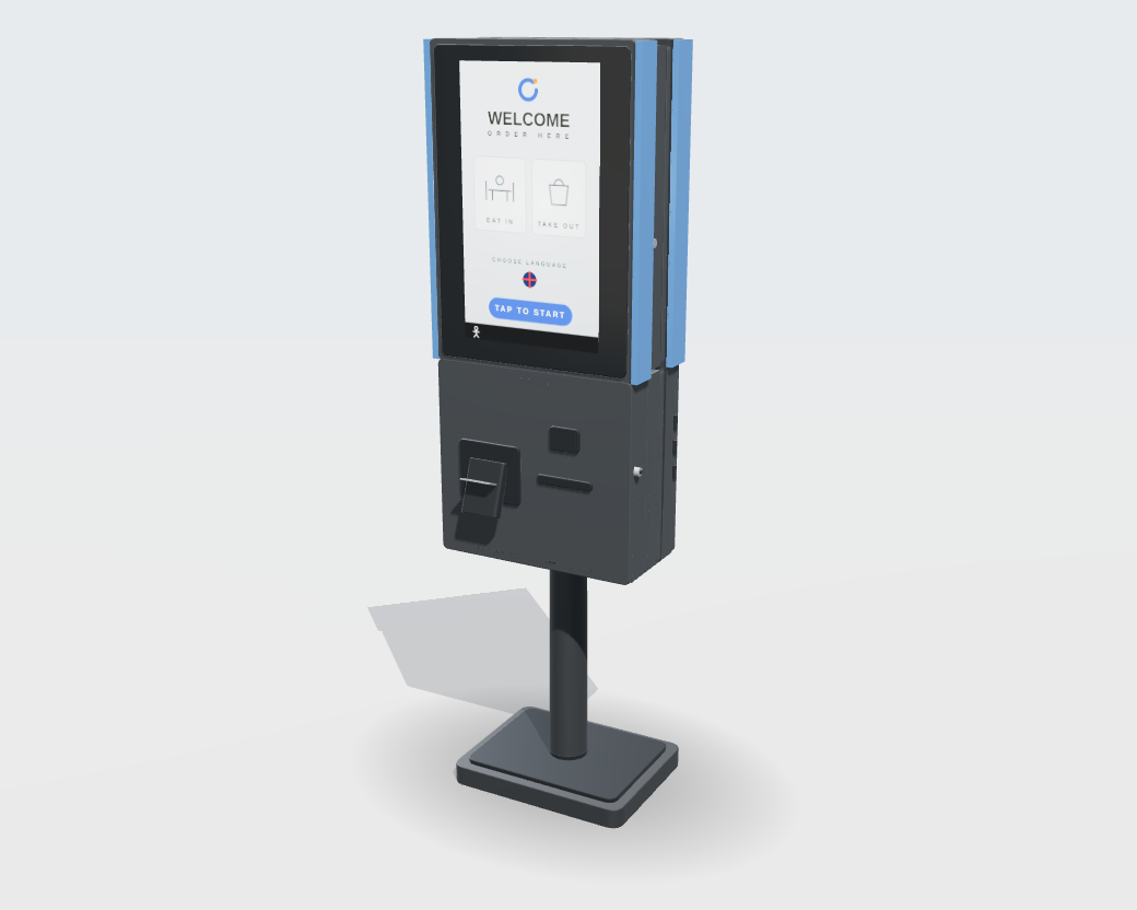 The Ordelleo K27 self-ordering kiosk, a 27-inch portrait touchscreen on a slim floor stand